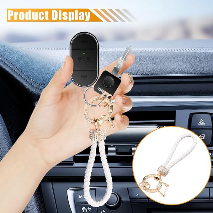 Leather Car Keychain with Bling Rhinestones, Snap Swivel Key Ring, Key Tag Car Key Fob Holder, Key Organizer for Men Women, Anti-Lost D-Ring (White)