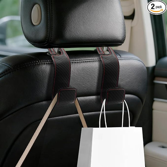 2PCS Car Seat Headrest Hooks, Purse Hook for Car, Automotive Headrest Handbags Holder, Auto Accessories Leather Seatback Organizer Hanger for Hanging Purses Bags Coats (Carbon Fiber, 2PCS)