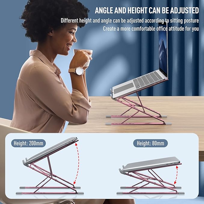 Portable Laptop Riser, Adjustable Laptop Stand,Aluminum Laptop Stand for Desk Foldable, Ergonomic Computer Notebook Stand Holder for MacBook Air Pro, Dell XPS, HP (10-15.6'')(Pink)