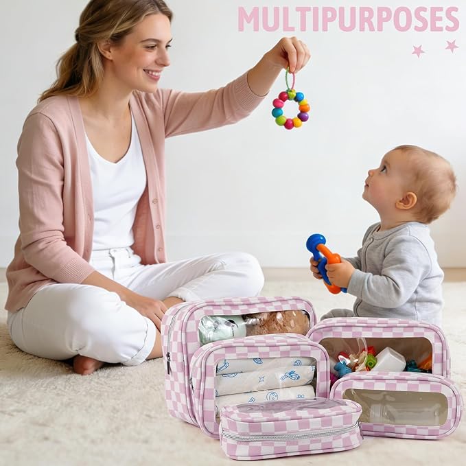 YOPCDJ 5PCS Diaper Bag Organizer Pouch Set,TSA Approved Toiletry Bag, Waterproof TPU Makeup Bag Set, Travel Organizer Bags for Women and Kids