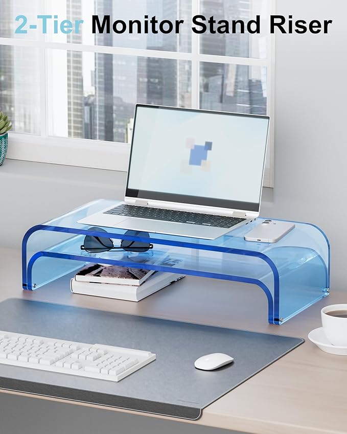 Acrylic Dual Monitor Stand Riser 2 Tier, Modular Laptop Stand for Desk, Multifunctional Desktop Organizer Shelf for PC, iMac, Printer, Detachable Monitor Stand for Office or Home, Blue