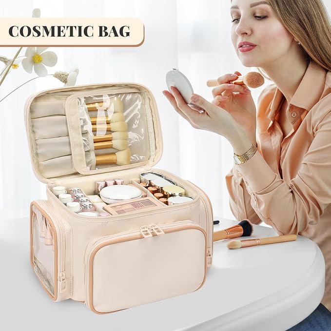 Bagmoly Large Makeup Bag, Portable Travel Makeup Bag Organizer for Women Girls with Makeup Brush Compartment & Two Side Pockets, Cosmetic Travel Bag Vertical Storage Toiletry - White