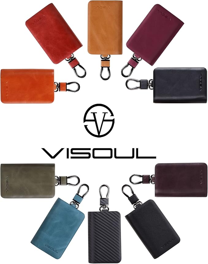 VISOUL Car Key Case Holder Double Zipper, Leather Car Smart Key Fob Case with Keychain for Men and Women