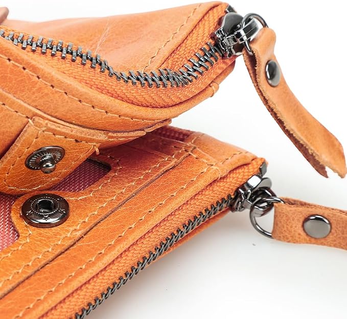 CONTACTS Soft Leather Wallet for Women Small Bifold Coin Purse Double Zipper Card Holder with RFID Blocking (Light Orange)