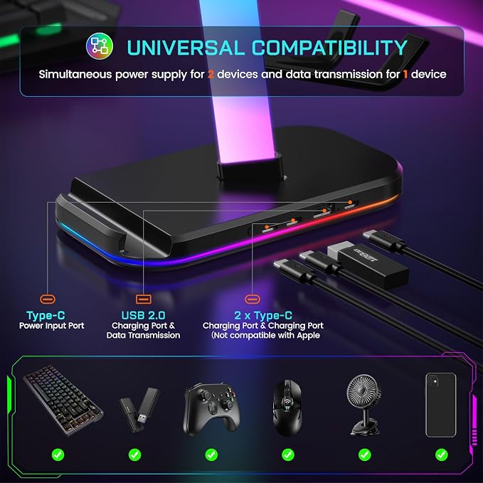 Gaming Headphones Stand with Charging Station, RGB Headset Stand with 10 Light Modes, 4 Controller Holder with 1 USB & 2 Type-C Charging Ports - Earphone Hook for PC Desktop Gamer Accessories Storage