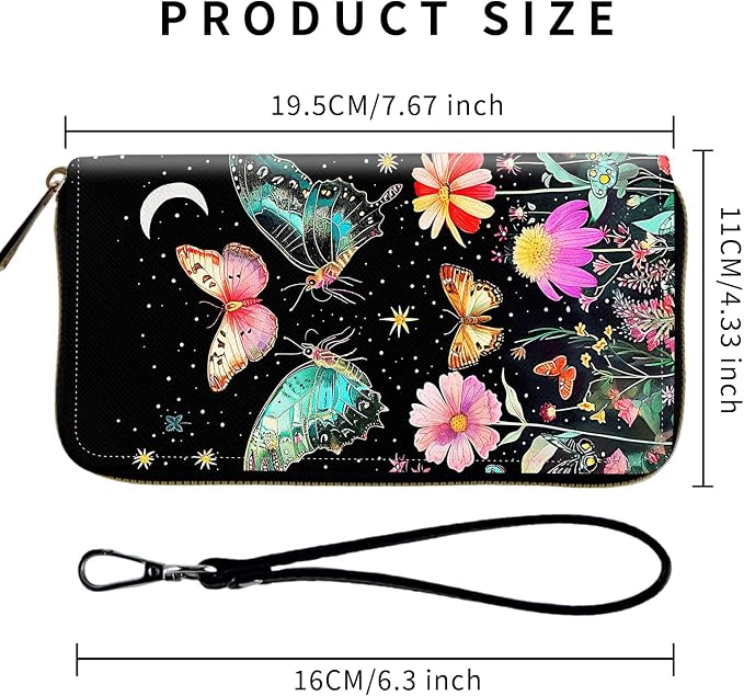 Wallet,Leather Long Wallet Suitable For Ladies And Teenagers - Detachable Wristband + RFID Travel Wallet With Card Slot - Butterfly Moon Flower