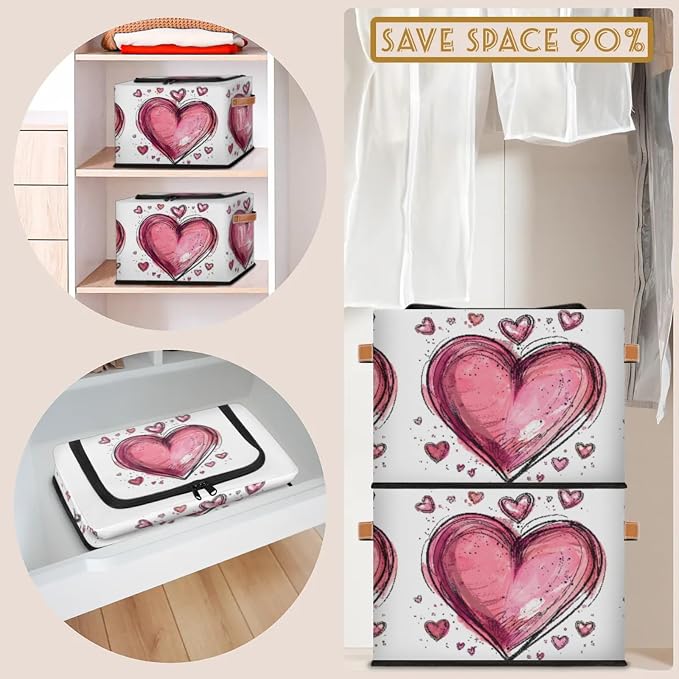 Pink Heart Storage Bins With Zipper Lid, Collapsible Trunk Organizer, Car Organizers and Storage Bins with Lids, Valentine‘s Day Decorative Storage Boxes with Handle, Home Storage Baskets