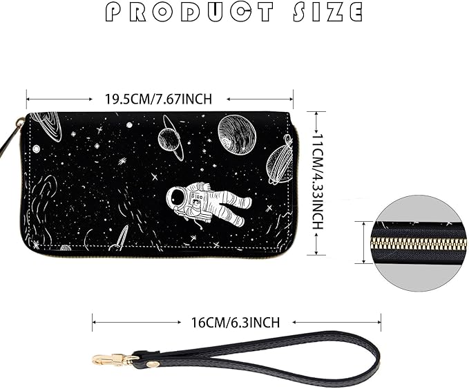 Women's RFID Blocking Zip Around Wallet with Detachable Wrist Strap, Large Capacity Credit Card Holder Organizer for Everyday Use,Astronaut Planet