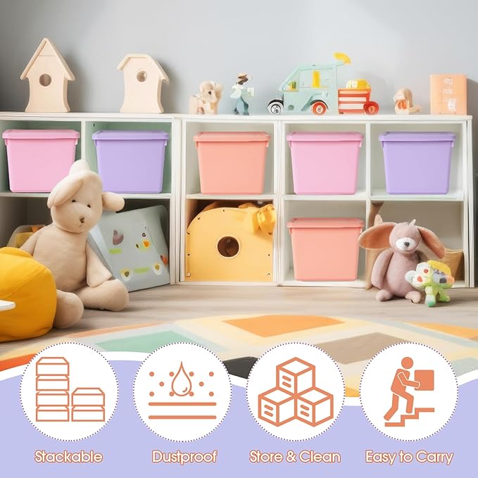 Potchen 6 Pack Cute Plastic Storage Bins with Lids Decorative Stackable Storage Boxes 9.8" ×7.3" ×5.7" Small Storing Totes for Organizing Craft Office Supplies (Pink,Purple,Orange)