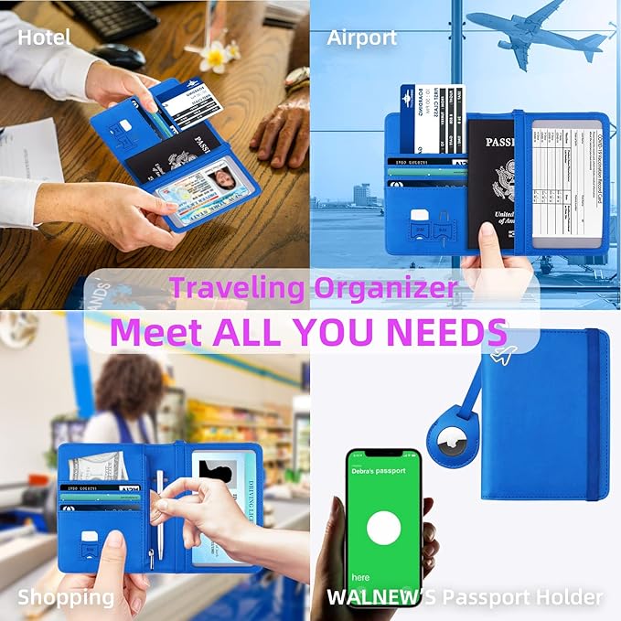 WALNEW AirTag Passport Holder, PU Leather Airtag Wallet RFID Blocking Passport Cover Travel Essentials Case for Women Men (Blue)