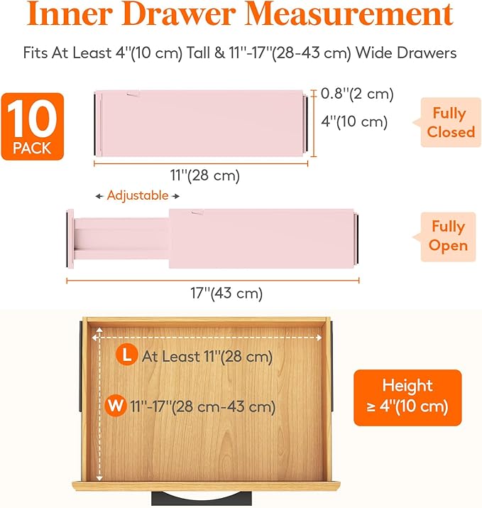 Lifewit 10 Pack 4" High Drawer Dividers 28-43.5cm/11-17" Adjustable Drawer Organizer for Clothes/Utensils, Expandable Drawer Separator in Dresser/Kitchen/Bedroom/Office Organization & Storage Beige