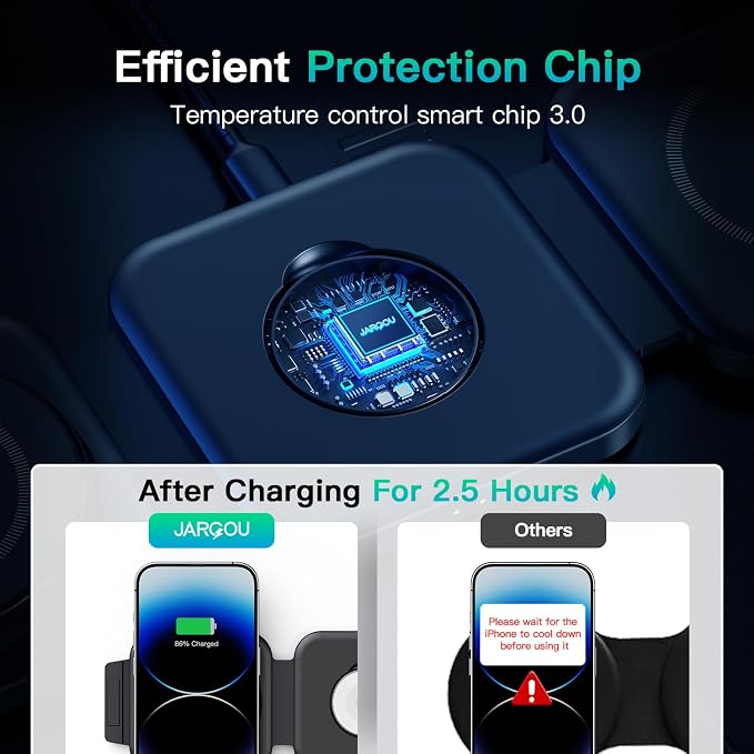 JARGO 3 in 1 Wireless Charging Station for Apple Devices, Foldable iPhone Charging Station for iPhone 17/16/15/14/13/12, Apple Watch & AirPods with Magsafe (Magnetic Black)