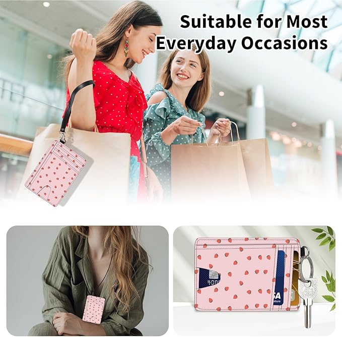 Slim Minimalist Front Pocket Wallet,Credit Card Holder Wallet for Women Men,RFID Blocking Credit Card Holder Case Leather Cute Small Thin Wallet ID Window&Wrist Strap,Cute Pink Strawberry
