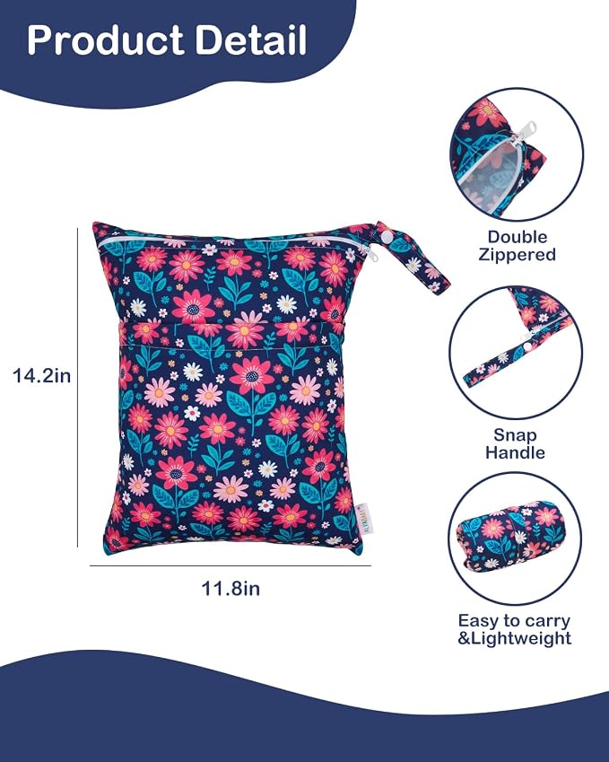 ALVA ALVABABY 3pcs Medium Cloth Diaper Wet Dry Bags Waterproof Reusable with Two Zippered Pockets Travel Beach Pool Daycare Soiled Baby Items Yoga Gym Bag for Swimsuits or Wet Clothes 3L-ZM41