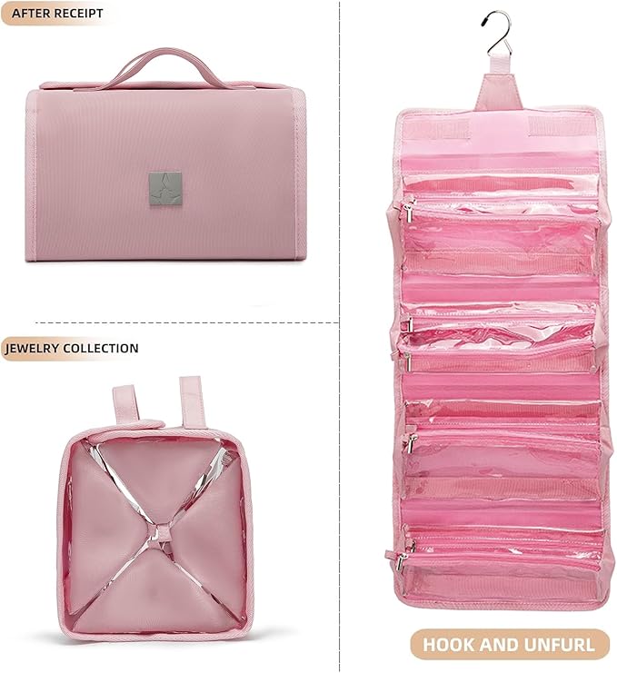 ROYALFAIR Roll Up Makeup Bag, Travel Toiletry Bag for Women with 4 Clear TSA Approved Pouches, Hanging Travel Organizer, Folding Cosmetic Bag for Men and Women
