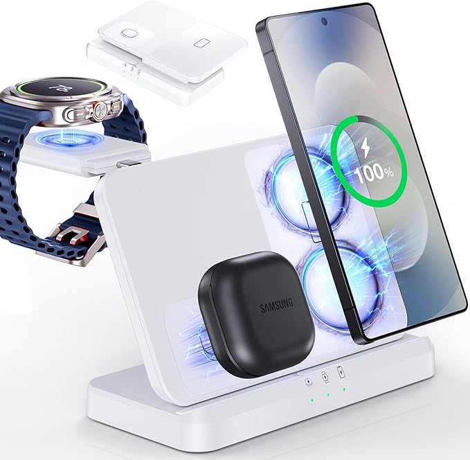 EGV Wireless Charger for Samsung – 3 in 1 Wireless Charging Station for Galaxy S26 Ultra S25 S24, Z Fold Flip 7/6, Detachable Watch Charger for Galaxy Ultra 8/7/6, Foldable, Fast Charging, White
