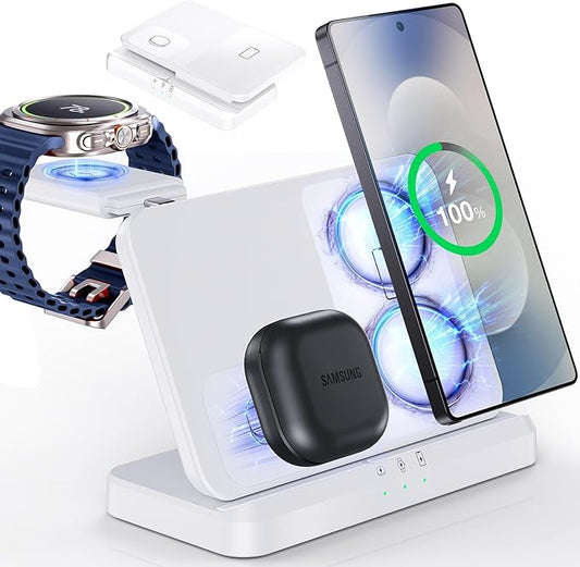 EGV Wireless Charger for Samsung – 3 in 1 Wireless Charging Station for Galaxy S26 Ultra S25 S24, Z Fold Flip 7/6, Detachable Watch Charger for Galaxy Ultra 8/7/6, Foldable, Fast Charging, White