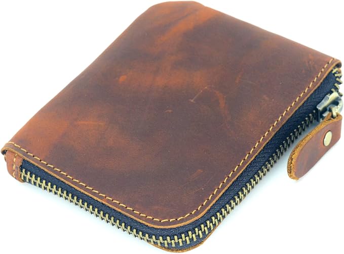 JJNUSA Genuine Leather Zipper Coin Purse Wallet With Key Car Smart Holder, Change Purse, Coin Pouch Holder For Men (Brown)