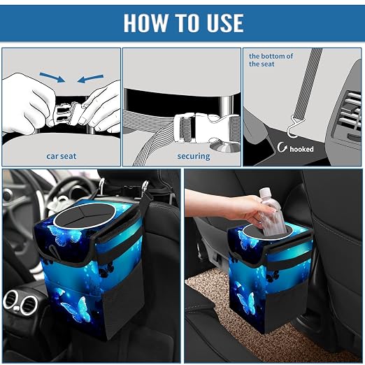 Blue Butterfly Glowing Car Trash Can with Lid Collapsible Reusable Waterproof Car Garage Bag,Automotive Garbage Can,Car Accessories Interior Car Organizer