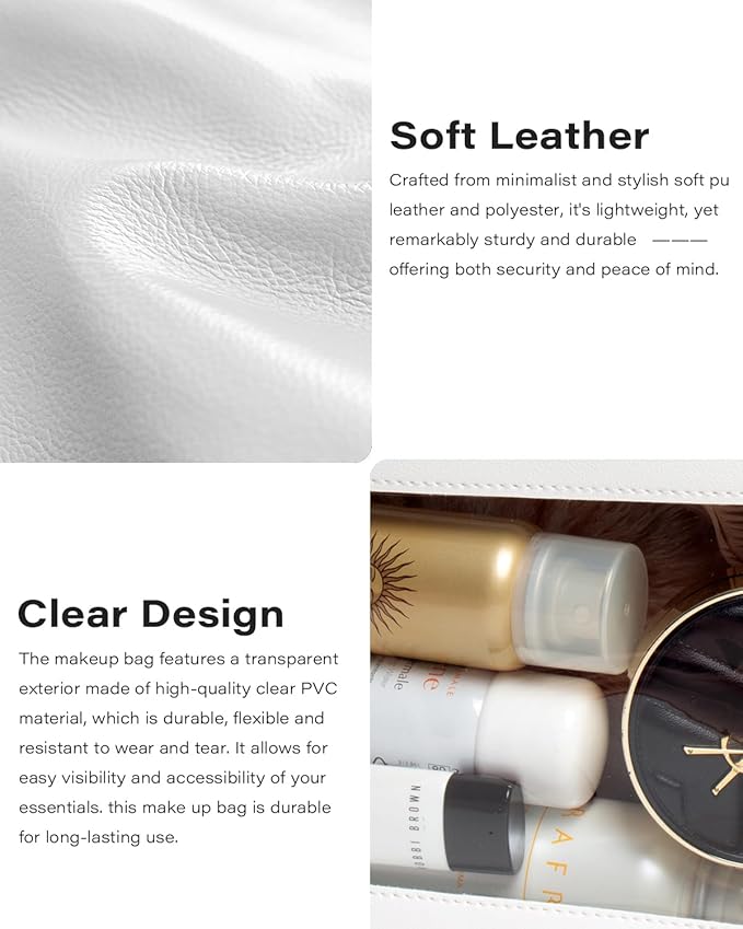 LETGO 2Pack Clear Makeup Bags Set,Portable Makeup Brush Bag,Portable Leather Travel Toiletry Bag Car Eessntials for Women (White)
