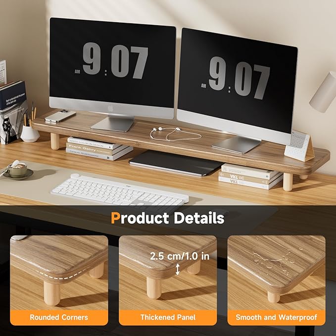 Dual Monitor Stand Riser, 39 Inch Extra Long Wooden Desktop Monitor Riser with Storage for 2 Monitors Ultra Strong Desk Shelf Organizer Riser Ergonomic for 2 Screens/Laptop/PC/TV/Printer (Light Walnut, 39inches)