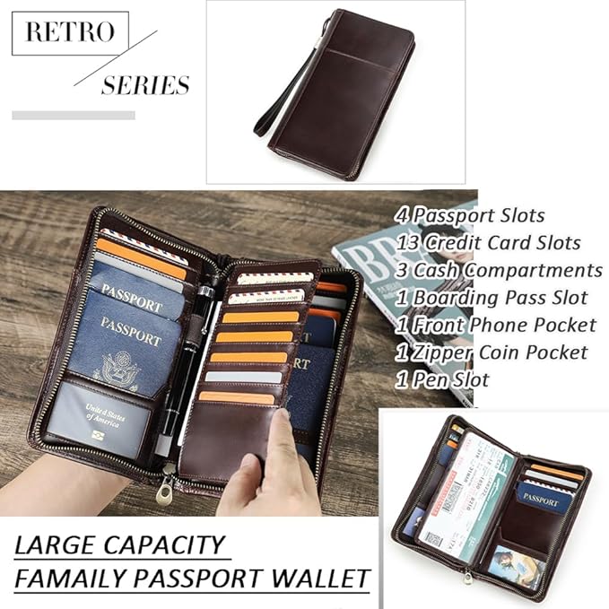 CONTACTS Travel Passport Wallet for 4 Leather Family Passport Holder Clutch Wallet Zipper Wrist Card Purse RFID Blocking with 13 Card Slot Fit up 4 Passports