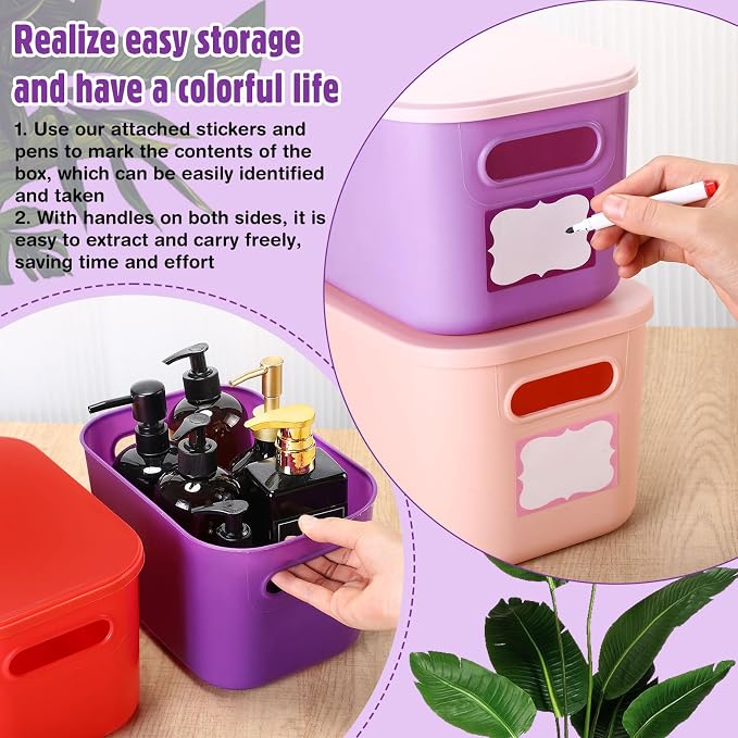 Thyle 24 Pack Richly Colorful Plastic Storage Bins with Lids 7 Quart Toy Storage Box Stackable Nestable Organizer Boxes with Handle and Labels for Classroom Shelf Bedroom Desktop Toys School Supplies