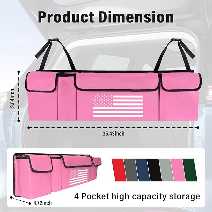 Turcee Car Trunk Organizer,Large Capacity Car Storage Organizer with US Flag Design,Hanging Foldable Car Organizers and Storage Car Interior Accessories (Pink)