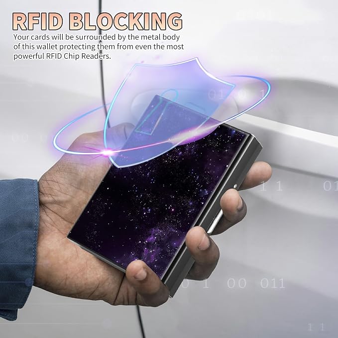 Slim Credit Card Holder, Purple Galaxy RFID Blocking Metal Wallet for Men & Women, Aluminum Minimalist Hard Case Pocket-Sized Business Cards Organizer (Fits Up to 10 Cards)