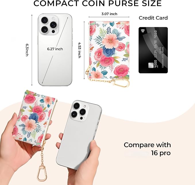 Watercolor Floral Keychain Coin Purse for Women, Small PU Leather Change Pouch, Zipper Little Tiny Travel Wallet for Girls, Cute Kawaii Zip Pocket Coin Holder with Key Ring