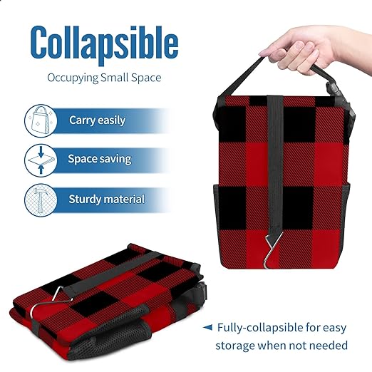Car Trash Can Black Red Big Buffalo Plaid Classic Auto Garbage Bag Car Trash Can with Lid Leak-Proof Car Storage Bag Garbage Bag Hanging for Headrest Portable Car Backseat Organizer