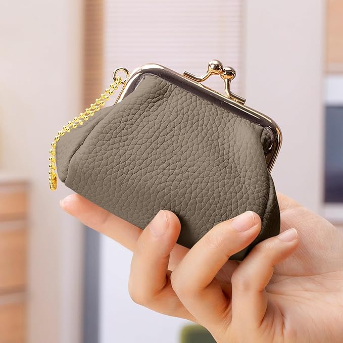 Genuine Leather Coin Purse for Women, Cute Mini Lipstick Holder Case, Small Vintage Kiss Lock Jewelry Storage Organizer Change Bag Pouch (Dark Khaki)