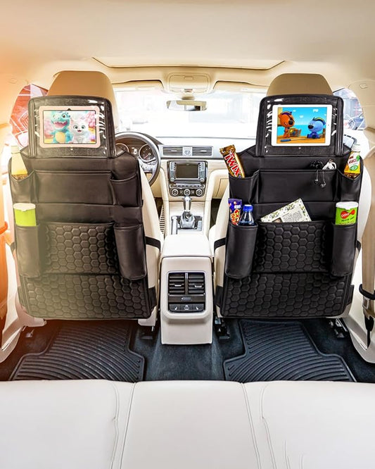 Owleys 2-in-1 Car Interior Set - Brown Eco Leather Seat Protector with Kick Guard + Kids Back Organizer with Tablet Pocket - Family Travel Gift