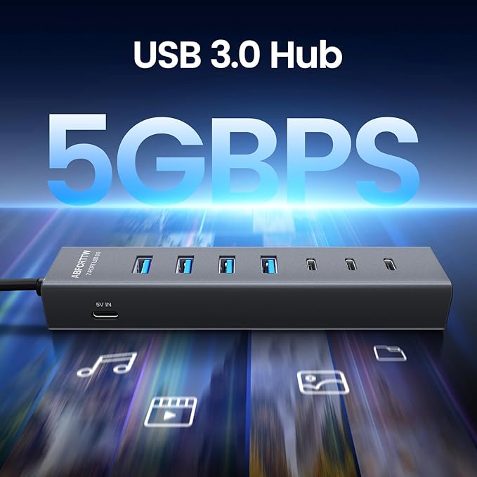 USB C to USB Hub Multiport Adapter, Aluminium 7-Port USB C Hub Multiport Adapter, USB Extenders, USB c Splitter for Thunderbolt, MacBook Pro/Air, Laptop, iPad, iMac, U Flash, PSSD, Keyboard, Mouse