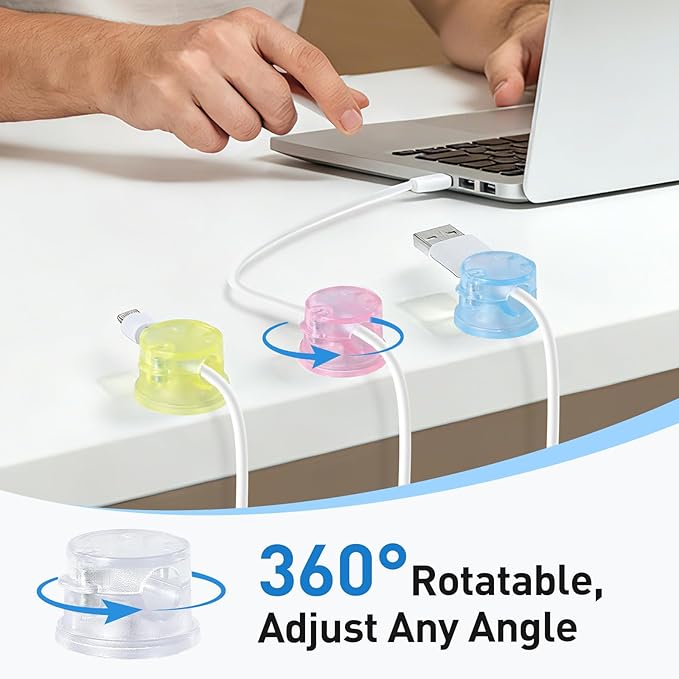 AGPTEK 8 Pack Magnetic Cable Clips, Upgraded 360° Rotatable Cord Holder Clips for Nightstand, Desk Cord Organizer Adhesive Wire Management Home Office Phone Charging Cords USB Cable Keeper (Colorful)
