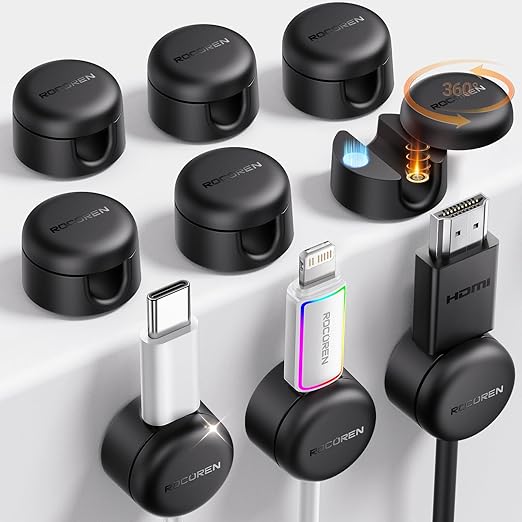 9-Pack Cable Clips [Upgraded],Rocoren Magnetic 360° Rotatable Cord Holder, Adhesive Cable Management Organizer,Wire Keeper for Nightstand Desk Car Phone Wall Home Office Accessories