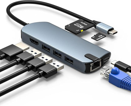 8-in-1 USB C Hub Ethernet Adapter with 4K@60Hz HDMI, 100W PD Charging, 3X USB 3.0 Ports, 1Gbps RJ45, SD/TF Card Reader, USB C Adapters Compatible with MacBook Pro/Air, iPad Pro and More Laptops