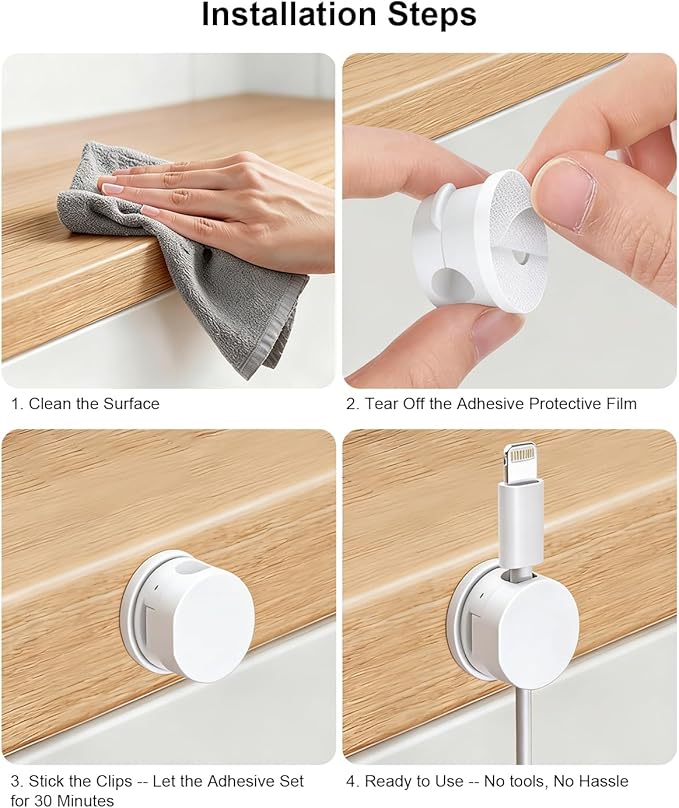 OneLeaf 8 Pack Magnetic Cable Clips, Rotatable Cable Management Clips for Desk & Wall, Strong Adhesive Cord Organizer for Phone Chargers, Ethernet & Cable Wires, Home Office Car, White