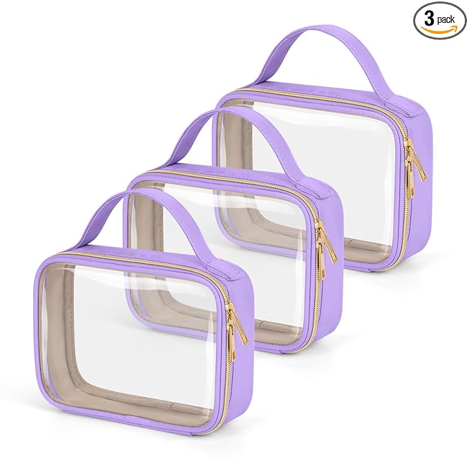 Wedama TSA Approved Toiletry Bag, 3 Pack Clear Makeup Bags with Handles, Quart Size PVC Clear Cosmetic Bags for Women and Men, Carry on Airport Airline Compliant Bag, Purple
