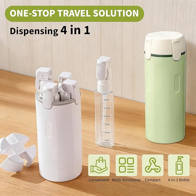 4 in 1 Travel Dispenser Bottles, 2026 New Refillable Travel Toiletries Bottle Set, Leak Proof Portable Size Containers for Shampoo Lotion Conditioner Cream (White)