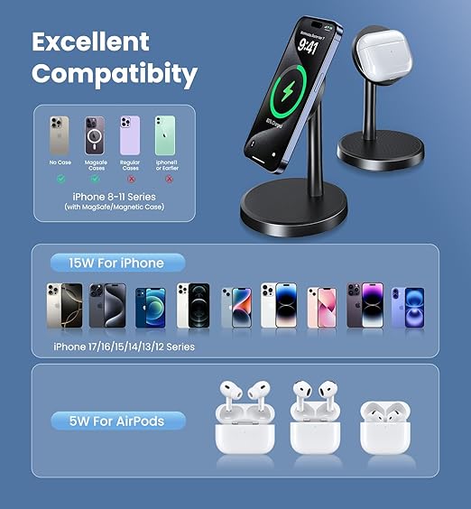 Magnetic Wireless Charger iPhone, 15W Fast Mag-Safe Charger Stand for iPhone 17/17 Air/17 Pro/17 Pro Max 16/15/14/13/12 Series, Wireless Charging Station for Pad/AirPods
