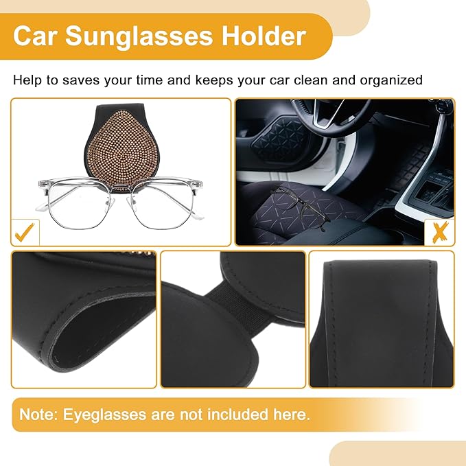 Car Sunglasses Clip Magnetic Universal Sun Visor Eyeglasses Holder Clip PU Leather, Rhinestone Black, Gold 6.5x9cm/2.56 "x3.54 1 Pcs