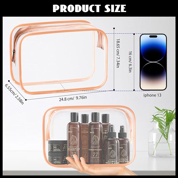 YedsIntu 16 Pieces Clear Cosmetic Bags, Large Transparent Makeup Bags, TSA Approved Toiletry Bag for Travel, PVC Waterproof Clear Pouch with Zipper Make Up Bag for Women and Men Traveling (Orange L)