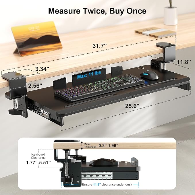 Supcline Keyboard Tray Under Desk with 60° Swivel C-Clamp & Height Adjustment for Corner Desk, 25.6 x 11.8 in Slide Out Keyboard Mouse Platform for l-Shaped & L-Shaped Table, Pull Out Keyboard Drawer