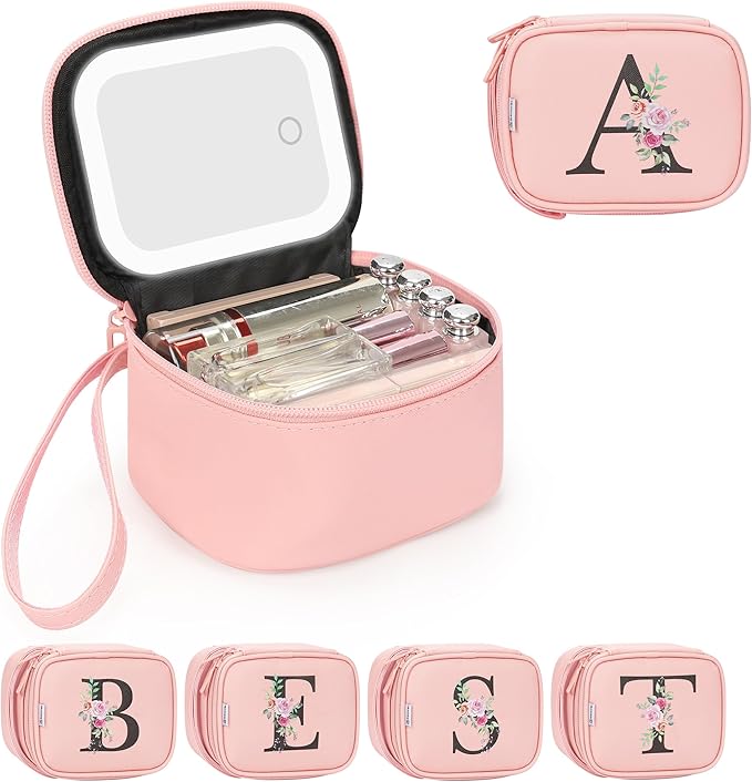 Relavel Mini Makeup Bag with Led Mirror for Women Birthday Gifts, Portable Initial Make Up Bag with 3 Light Modes, Personalized Makeup Pouch, Rechargeable Preppy Stuff for Party - Pink A