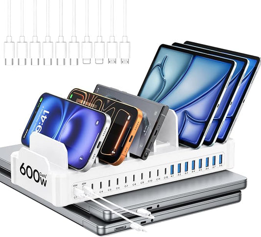 20-Port 600W Charging Station for Multiple Devices, Dual 65W GaN5 Multi-device Charging Dock with 10 Cables, Fast Charger Station for Laptop, Beverag Fridg, Phone, Tablet (White)