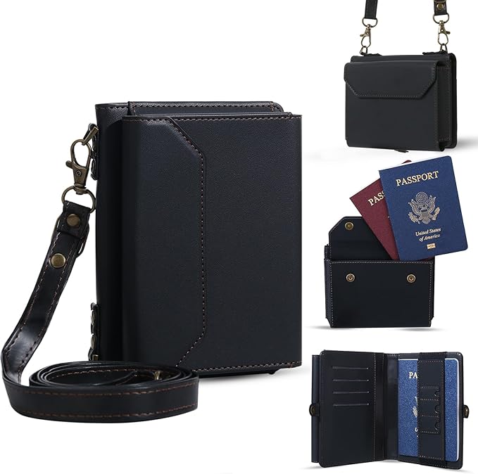 ASAPDOS RFID Blocking Family Passport Holder Wallet,Hold 2-3 Passports for Travel with Credit Card Slots & Wrist Crossbody Strap Black
