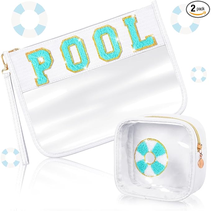 Hillban 2 Pcs Pool Bag Makeup Cosmetic Bag Clear Sunscreen Toiletry Zipper Pouch Beach Travel Summer Stuff Preppy Chenille Letter Patch Pouch PVC Waterproof Organizer Storage Mini Purse for Women