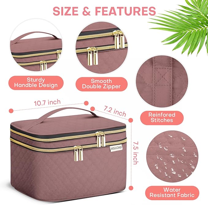 HXLGMD Large Makeup Bag with Mirror Double Layer Travel Make Up Organizer Case, Large Capacity Coemetic Bag with Brush Slot Divider