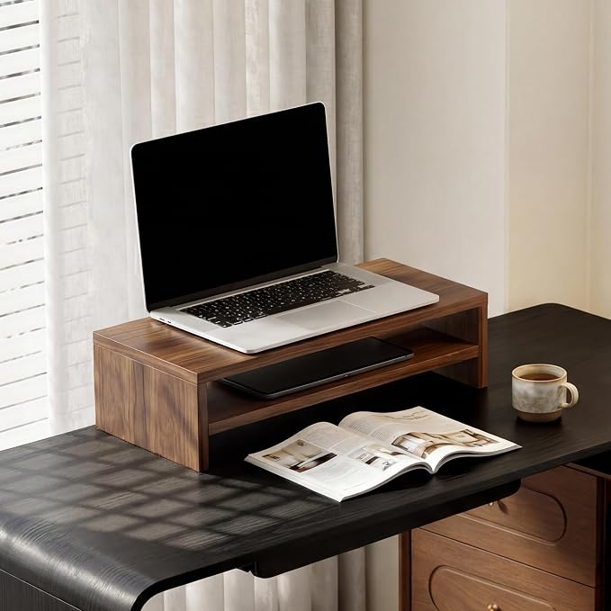 FITUEYES Monitor Stand - 2 Tier Computer Monitor Riser with 21.3 Inch Shelf, Wood Desktop Stand for Laptop Computer Screen, Desk Organization, Office Supplies